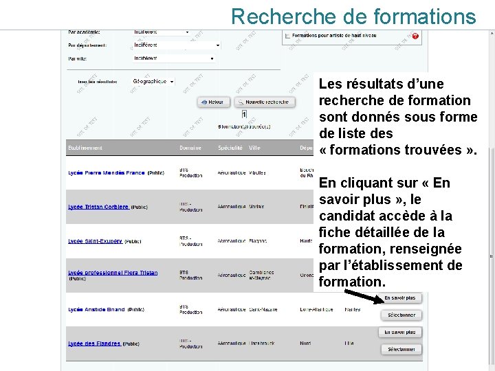 Recherche de formations Les résultats d’une recherche de formation sont donnés sous forme de