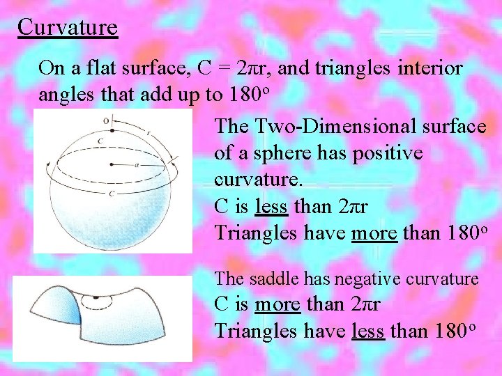 Curvature On a flat surface, C = 2πr, and triangles interior angles that add