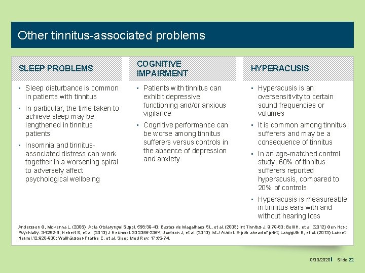 Other tinnitus-associated problems SLEEP PROBLEMS COGNITIVE IMPAIRMENT HYPERACUSIS • Sleep disturbance is common •