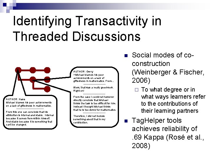 Identifying Transactivity in Threaded Discussions n AUTHOR: Hans Michael blames his poor achievements on