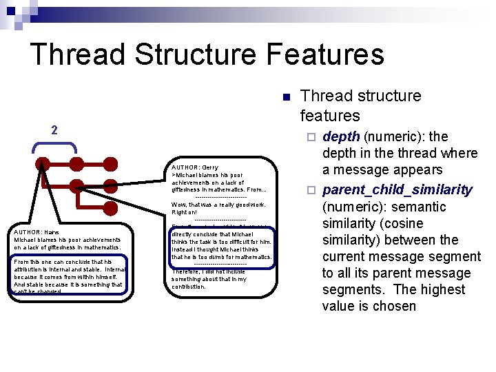 Thread Structure Features n 2 AUTHOR: Hans Michael blames his poor achievements on a