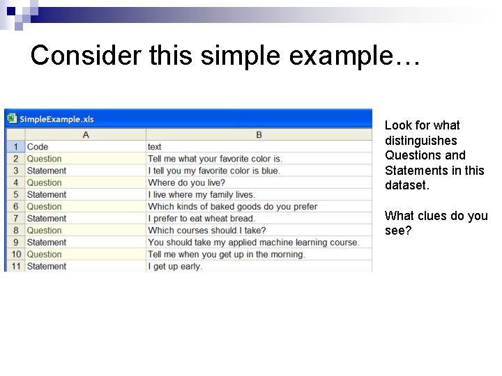 Consider this simple example… Look for what distinguishes Questions and Statements in this dataset.