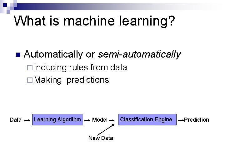 What is machine learning? n Automatically or semi-automatically ¨ Inducing rules from data ¨