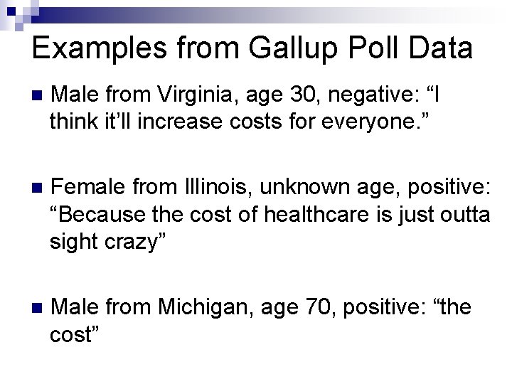 Examples from Gallup Poll Data n Male from Virginia, age 30, negative: “I think