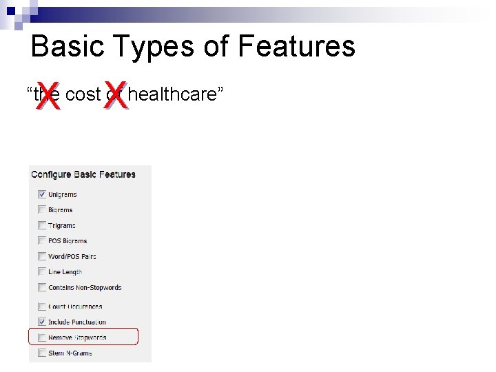 Basic Types of Features X X “the cost of healthcare” 