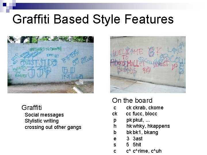 Graffiti Based Style Features Graffiti Social messages Stylistic writing crossing out other gangs On