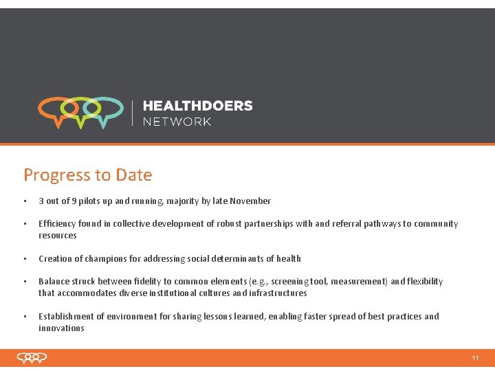 Progress to Date • 3 out of 9 pilots up and running, majority by Progress to Date • 3 out of 9 pilots up and running, majority by