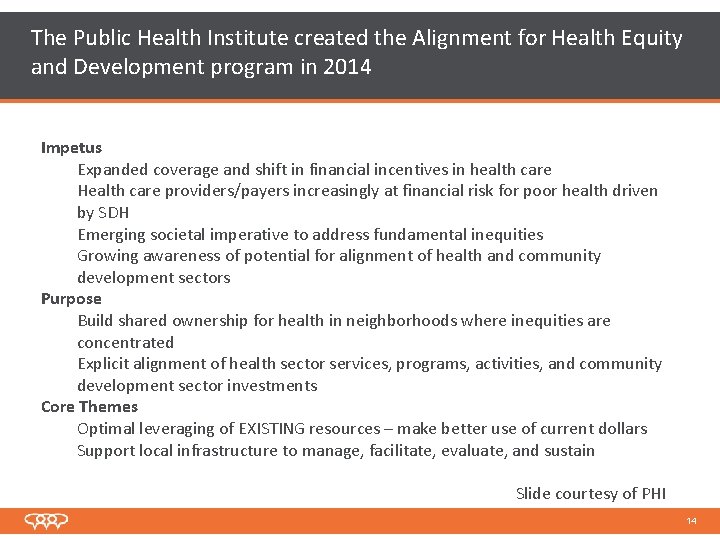 The Public Health Institute created the Alignment for Health Equity and Development program in The Public Health Institute created the Alignment for Health Equity and Development program in