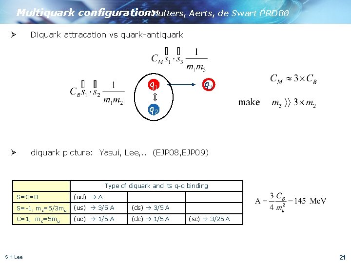 Multiquark configuration: Multers, Aerts, de Swart PRD 80 Ø Diquark attracation vs quark-antiquark q