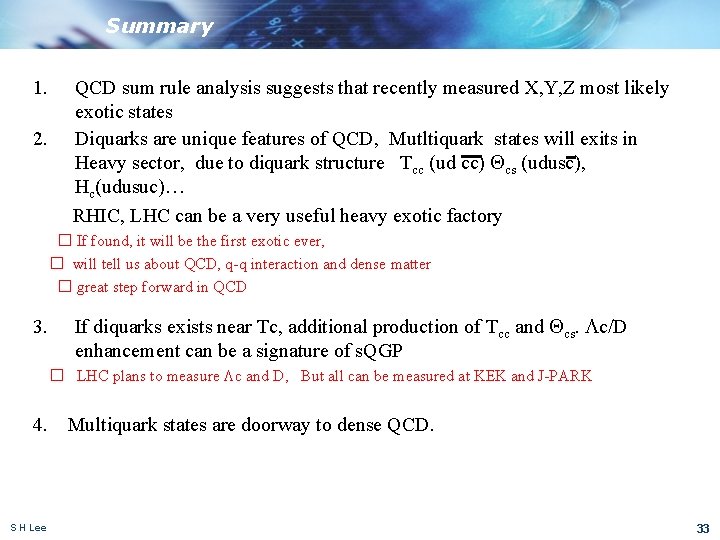 Summary 1. 2. QCD sum rule analysis suggests that recently measured X, Y, Z