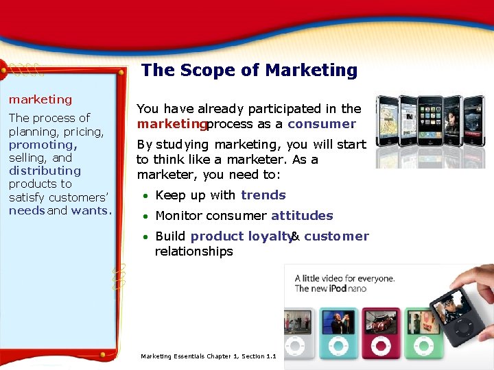 The Scope of Marketing marketing The process of planning, pricing, promoting, selling, and distributing