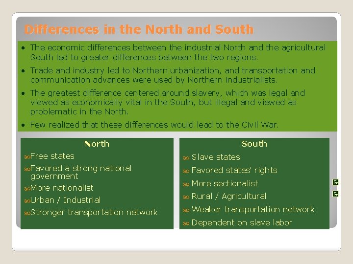 Differences in the North and South • The economic differences between the industrial North Differences in the North and South • The economic differences between the industrial North