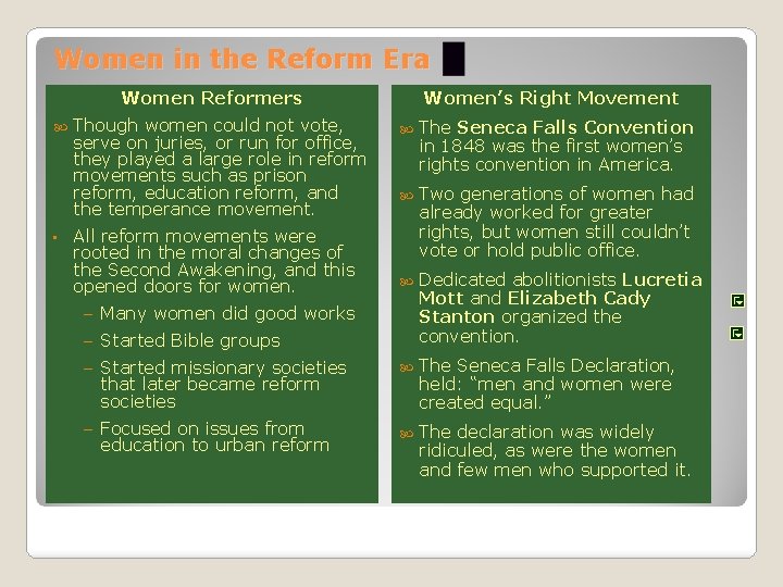 Women in the Reform Era Women Reformers • Though women could not vote, serve Women in the Reform Era Women Reformers • Though women could not vote, serve