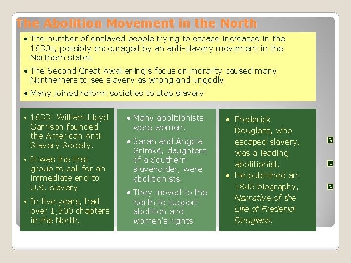 The Abolition Movement in the North • The number of enslaved people trying to The Abolition Movement in the North • The number of enslaved people trying to