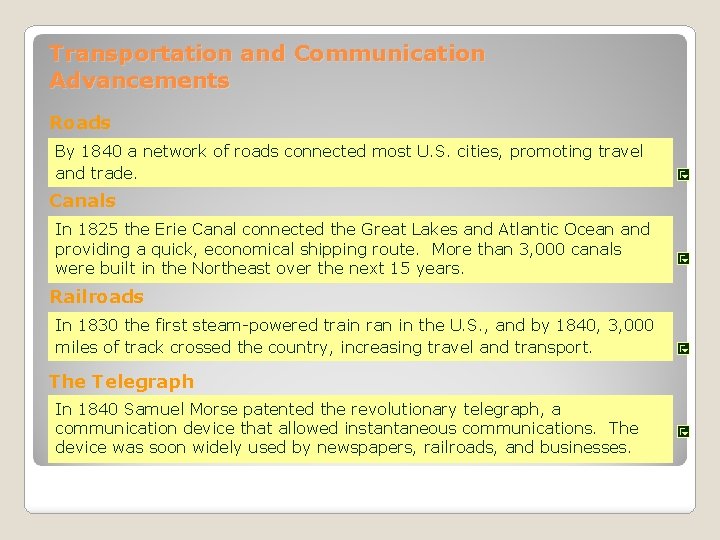 Transportation and Communication Advancements Roads By 1840 a network of roads connected most U. Transportation and Communication Advancements Roads By 1840 a network of roads connected most U.