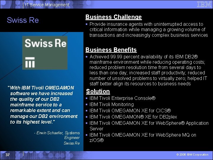 IT Service Management Swiss Re Business Challenge § Provide insurance agents with uninterrupted access