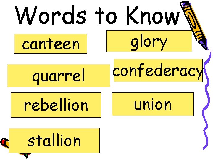 Words to Know canteen quarrel rebellion stallion glory confederacy union 