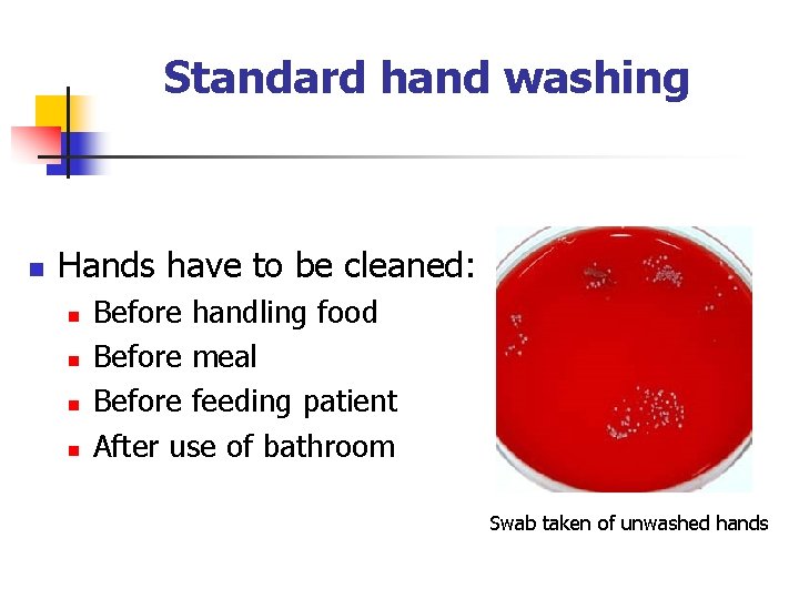 Standard hand washing n Hands have to be cleaned: n n Before handling food