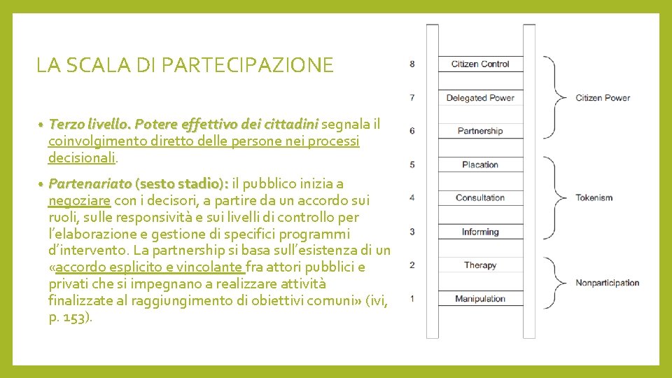 LA SCALA DI PARTECIPAZIONE • Terzo livello. Potere effettivo dei cittadini segnala il coinvolgimento