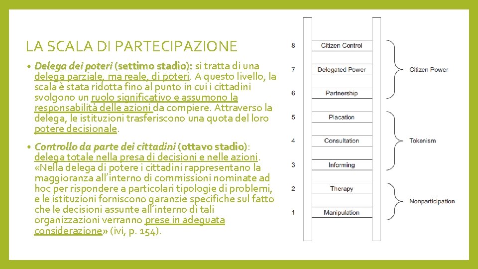 LA SCALA DI PARTECIPAZIONE • Delega dei poteri (settimo stadio): si tratta di una