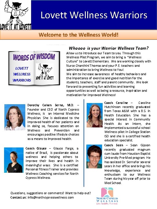 Lovett Wellness Warriors Welcome to the Wellness World! Whoooo is your Warrior Wellness Team?