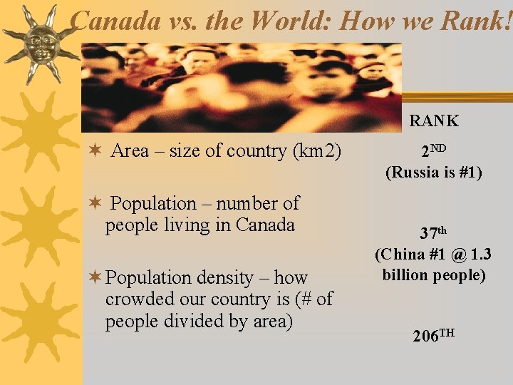 Canada vs. the World: How we Rank! RANK ¬ Area – size of country