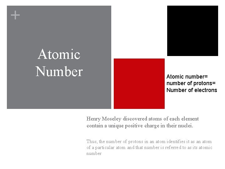 + Atomic Number Atomic number= number of protons= Number of electrons Henry Moseley discovered