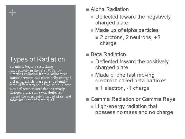 + Types of Radiation Scientists began researching radioactivity in the late 1800 s. By