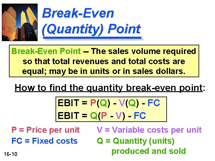 Break-Even (Quantity) Point Break-Even Point -- The sales volume required so that total revenues Break-Even (Quantity) Point Break-Even Point -- The sales volume required so that total revenues