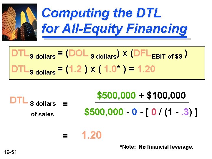 Computing the DTL for All-Equity Financing DTLS dollars = (DOL S dollars) x (DFLEBIT Computing the DTL for All-Equity Financing DTLS dollars = (DOL S dollars) x (DFLEBIT