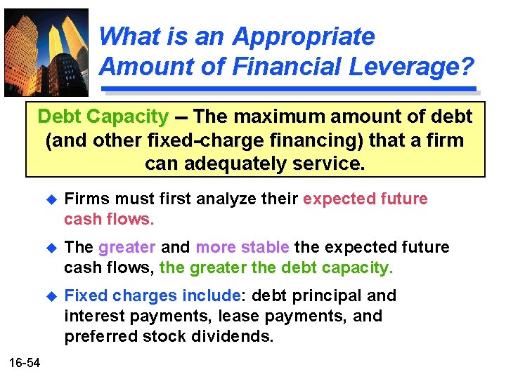 What is an Appropriate Amount of Financial Leverage? Debt Capacity -- The maximum amount What is an Appropriate Amount of Financial Leverage? Debt Capacity -- The maximum amount