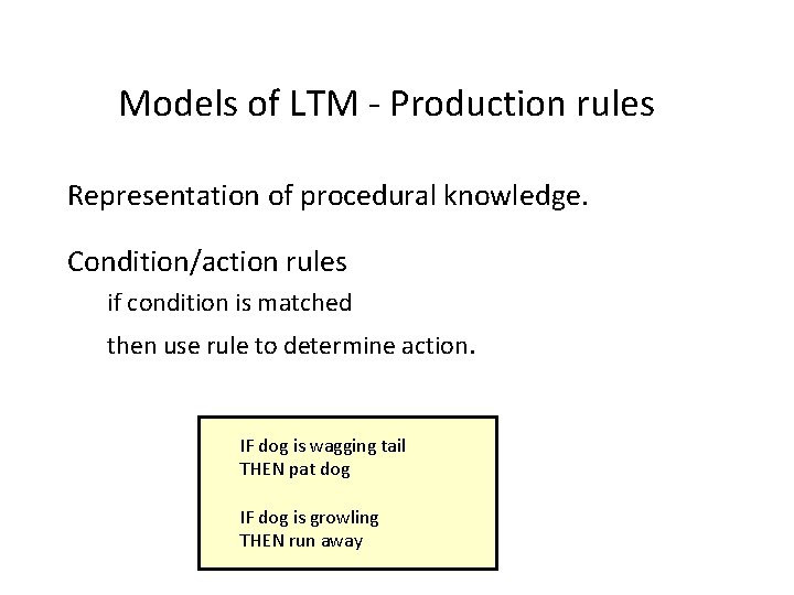 Models of LTM - Production rules Representation of procedural knowledge. Condition/action rules if condition