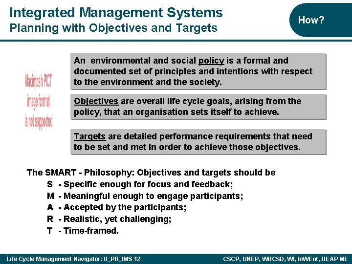 Integrated Management Systems How? Planning with Objectives and Targets An environmental and social policy