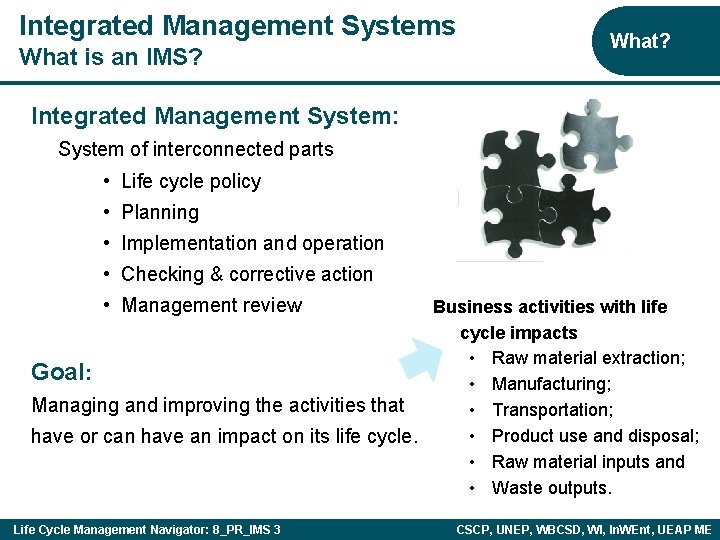 Integrated Management Systems What is an IMS? What? Integrated Management System: System of interconnected