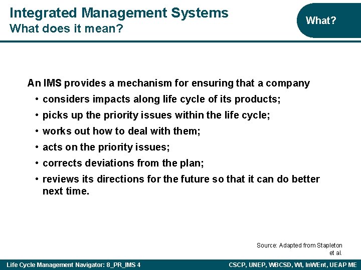 Integrated Management Systems What? What does it mean? An IMS provides a mechanism for