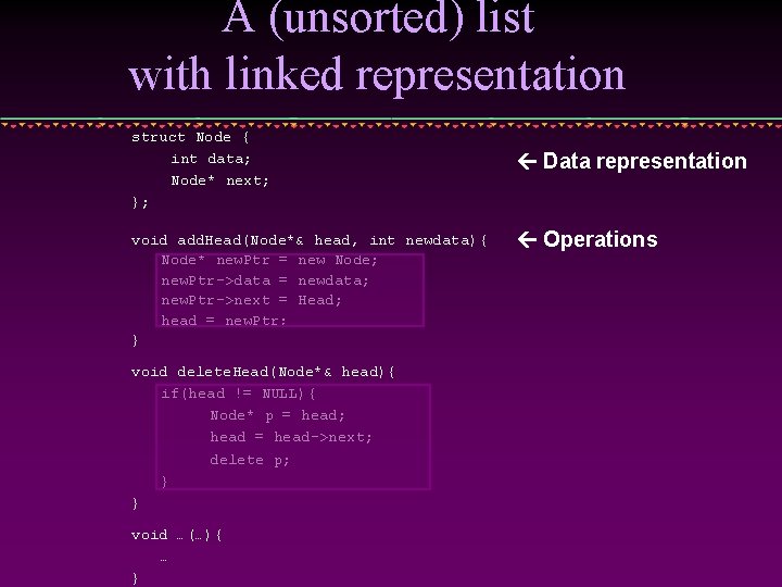 A (unsorted) list with linked representation struct Node { int data; Node* next; };