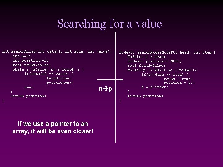 Searching for a value int search. Array(int data[], int size, int value){ int n=0;