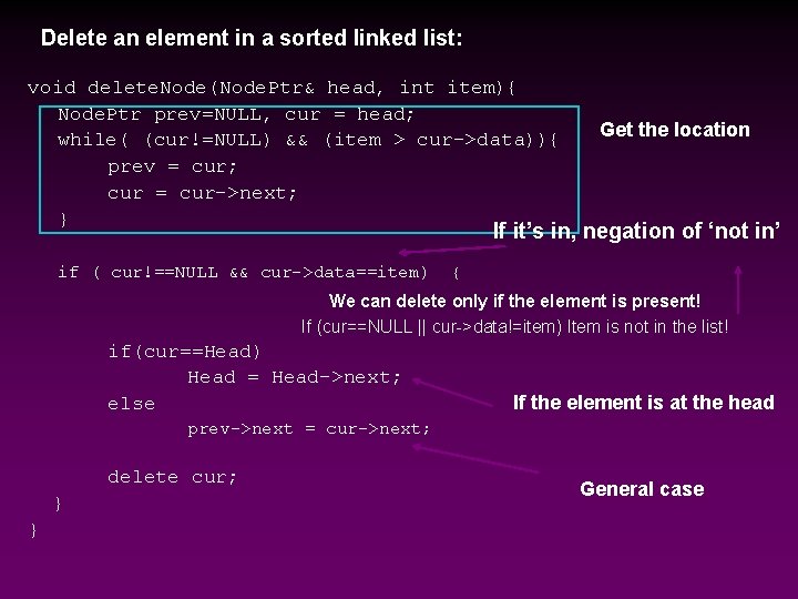 Delete an element in a sorted linked list: void delete. Node(Node. Ptr& head, int