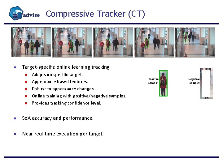 Compressive Tracker (CT) Target-specific online learning tracking Adapts on specific target. Appearance based features.
