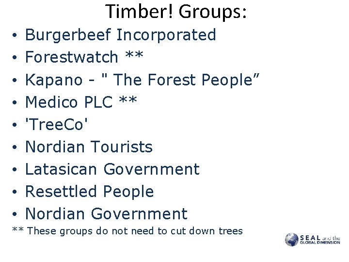 Timber! Groups: • • • Burgerbeef Incorporated Forestwatch ** Kapano - " The Forest