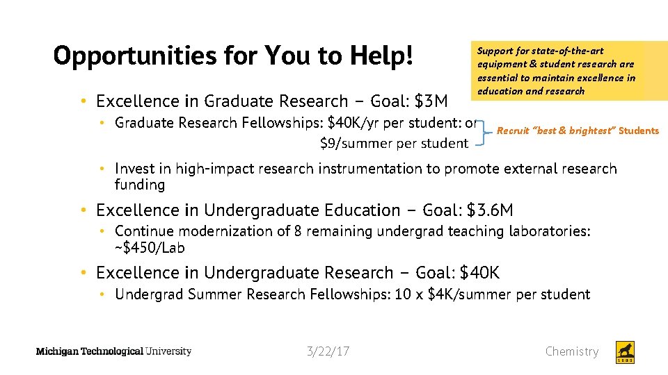 Opportunities for You to Help! • Excellence in Graduate Research – Goal: $3 M