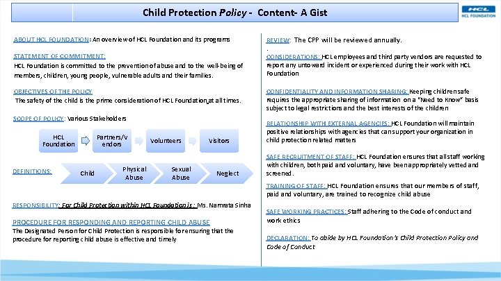 Child Protection Policy - Content- A Gist ABOUT HCL FOUNDATION: An overview of HCL