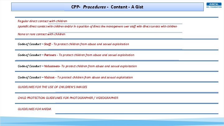 CPP- Procedures - Content - A Gist Regular direct contact with children Sporadic direct