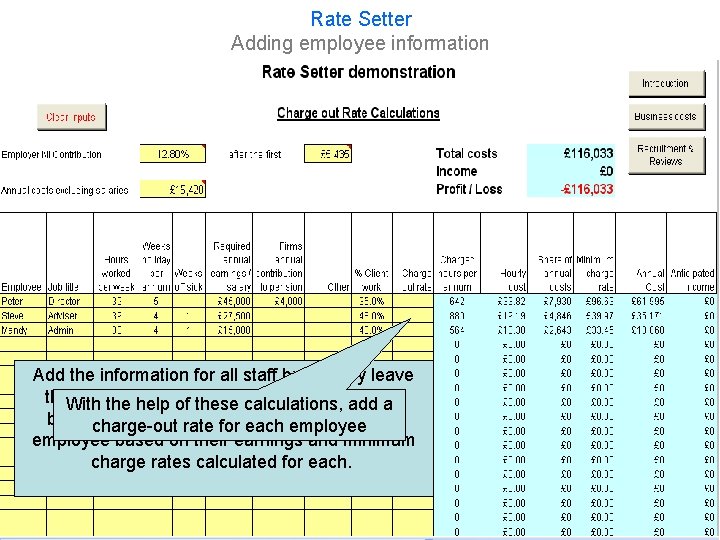 Rate Setter Adding employee information Add the information for all staff but initially leave