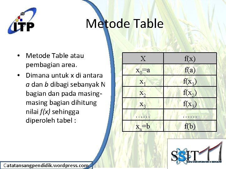 Metode Table • Metode Table atau pembagian area. • Dimana untuk x di antara