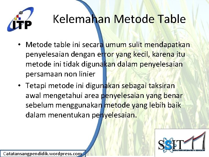 Kelemahan Metode Table • Metode table ini secara umum sulit mendapatkan penyelesaian dengan error