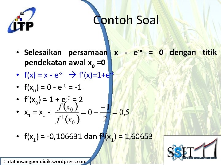 Contoh Soal • Selesaikan persamaan x - e-x = 0 dengan titik pendekatan awal