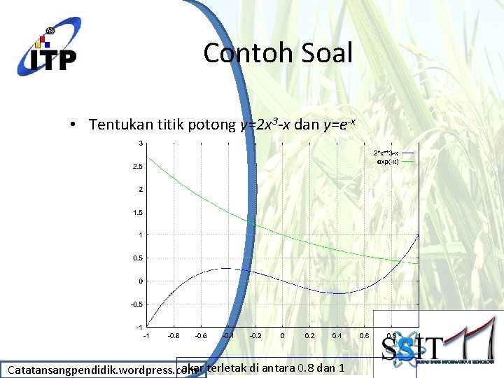 Contoh Soal • Tentukan titik potong y=2 x 3 -x dan y=e-x akar terletak