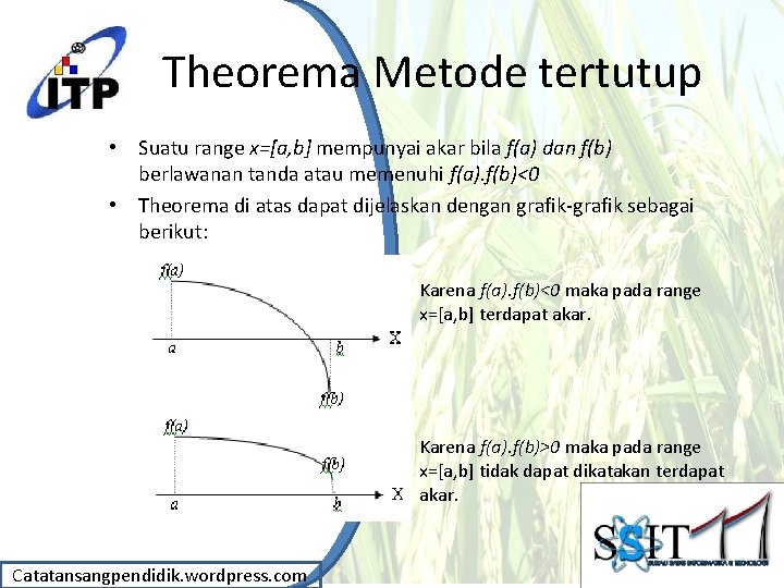 Theorema Metode tertutup • Suatu range x=[a, b] mempunyai akar bila f(a) dan f(b)