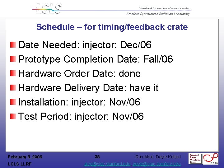 Schedule – for timing/feedback crate Date Needed: injector: Dec/06 Prototype Completion Date: Fall/06 Hardware